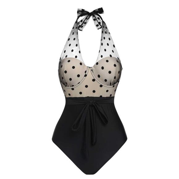 Retro Stage🌿Black Polka Dot Halter Swimsuit XL Mesh Pin-Up 1950's Inspired - Picture 4 of 9